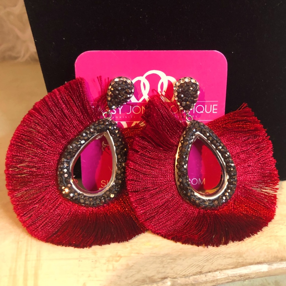 SASSY JONES VINTAGE EARRINGS ( Red, with black, silver, and crystal ).